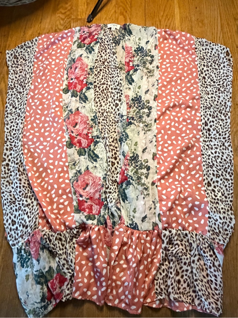 Umgee Peach Patchwork Floral & Leopard Ruffled Tunic